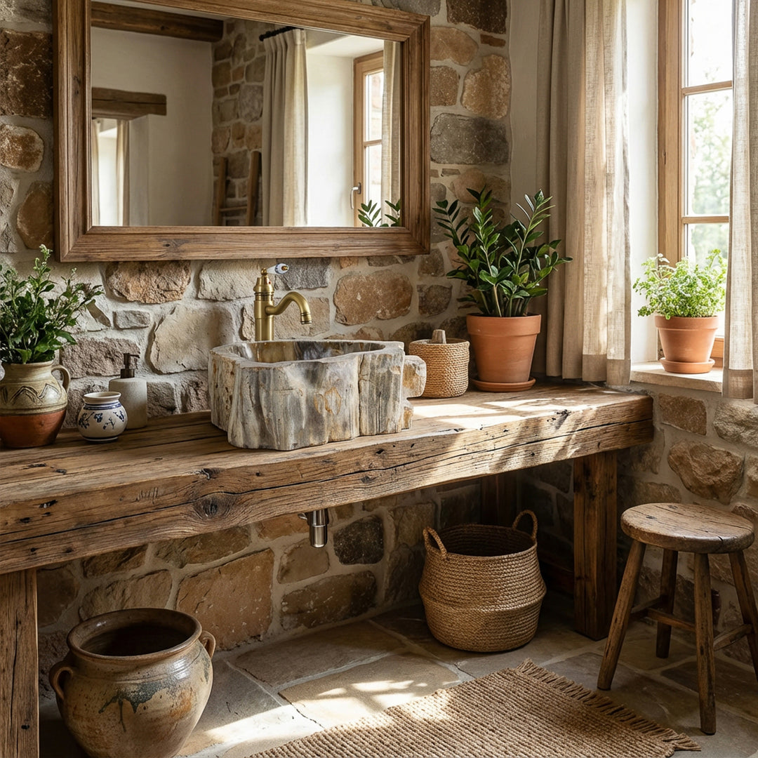 Countertop stone basin with fossil wood structure on rustic wooden console, natural bathroom with stone wall and daylight.