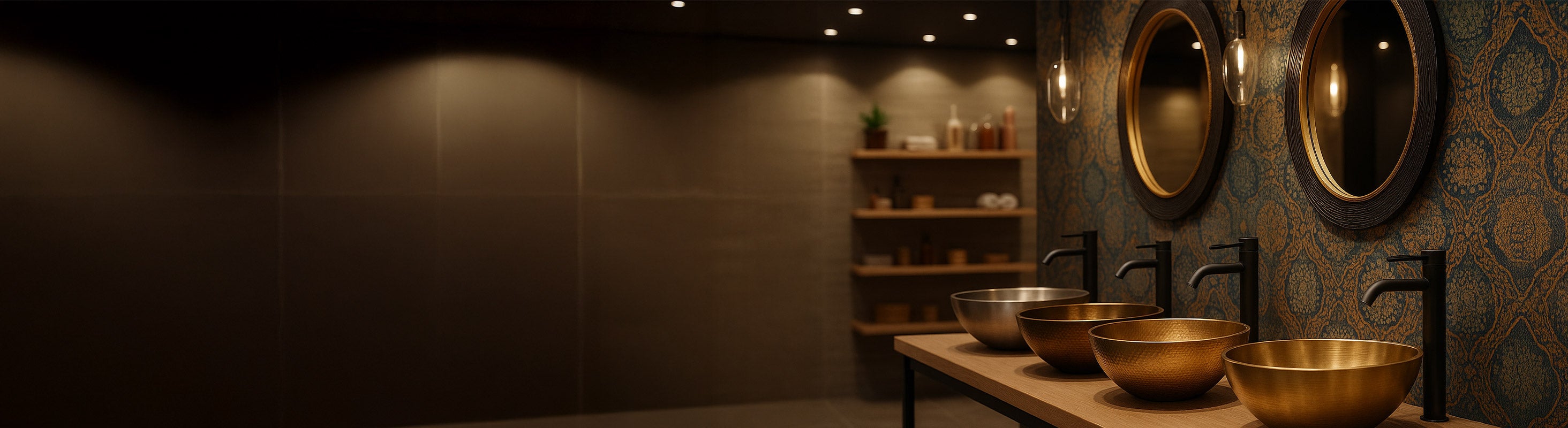 metal Washbasin – Vier hochwertige Metall-Waschbecken in verschiedenen Formen aus Gold, Bronze und Edelstahl auf Holzplatte vor gemusterter Wand mit Spiegeln