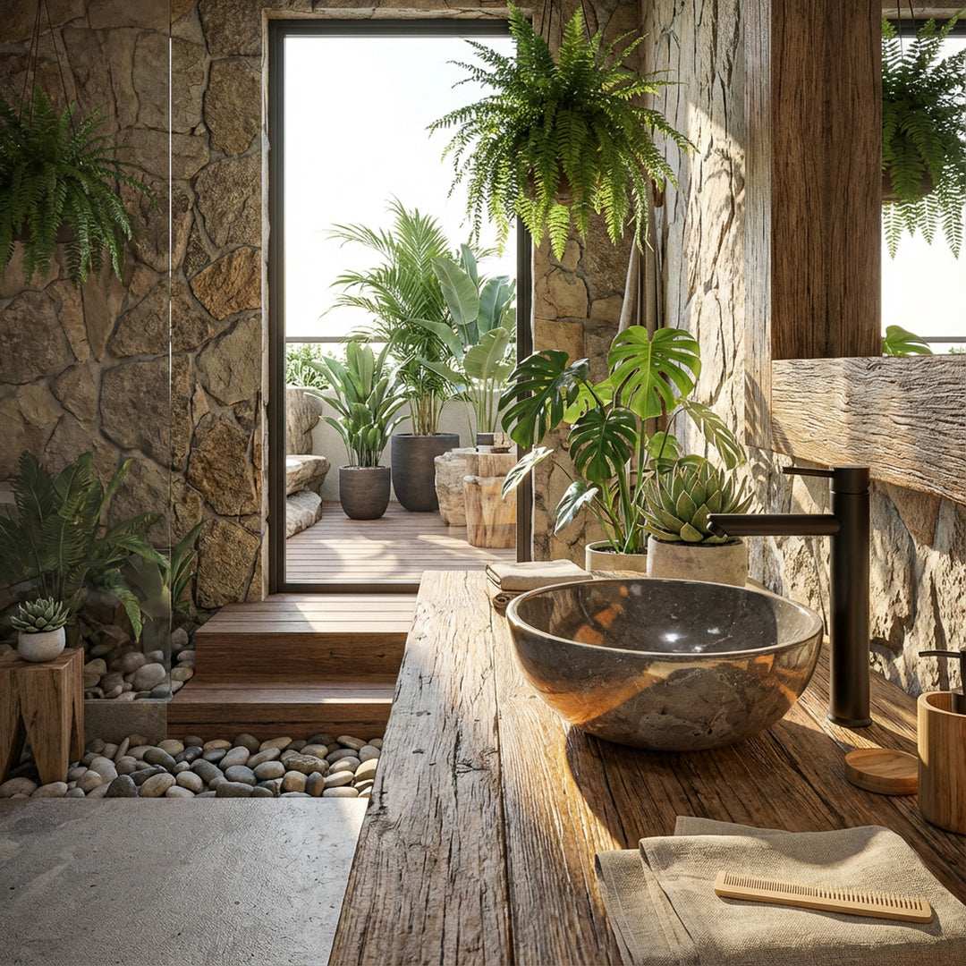 Round Washbasin made of natural stone on a solid wooden table in the open spa bathroom with plants, stone wall and natural light