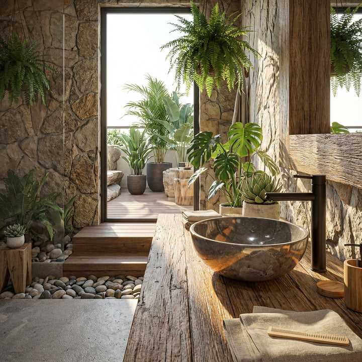 Round Washbasin made of natural stone on a solid wooden table in the open spa bathroom with plants, stone wall and natural light