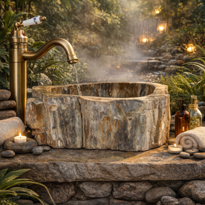 Washbasin Made of natural stone with a fossil wood structure, staged outdoors on a stone slab with a brass fitting, candles and a watercourse.