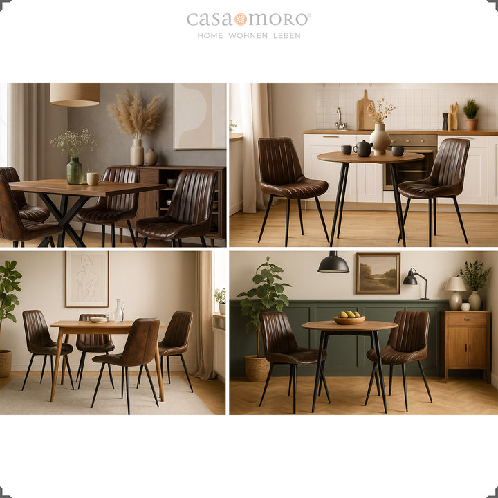Antique brown genuine leather upholstered chairs in various dining room and kitchen scenes with wooden tables and warm lighting