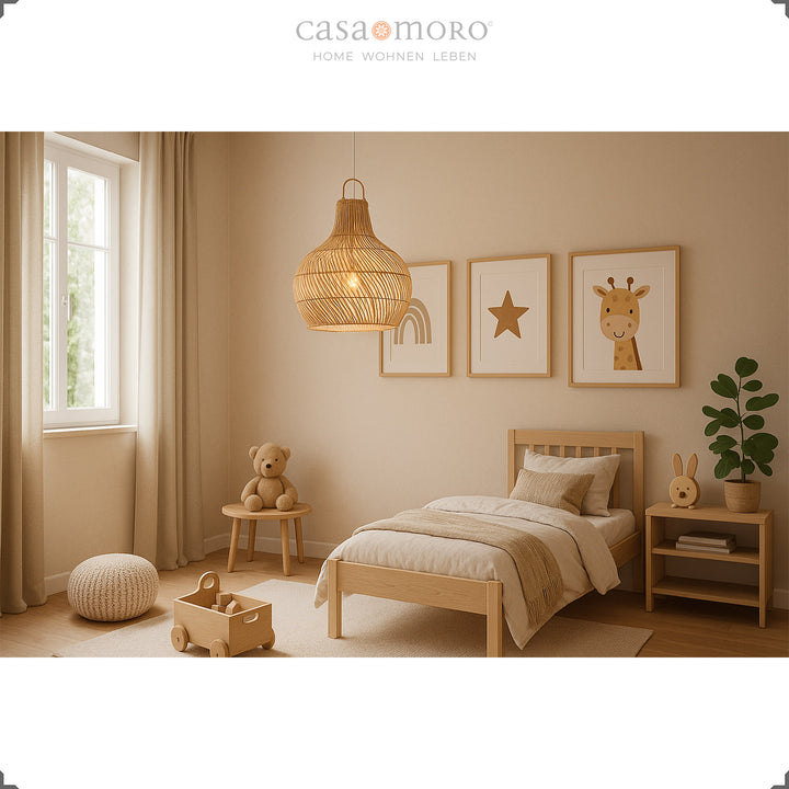 Handmade rattan lamp as a ceiling light in the children's room, with warm light and a natural atmosphere