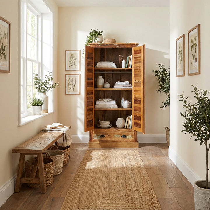 Cabinet made of solid wood and reclaimed wood in a country house style, placed openly in the hallway