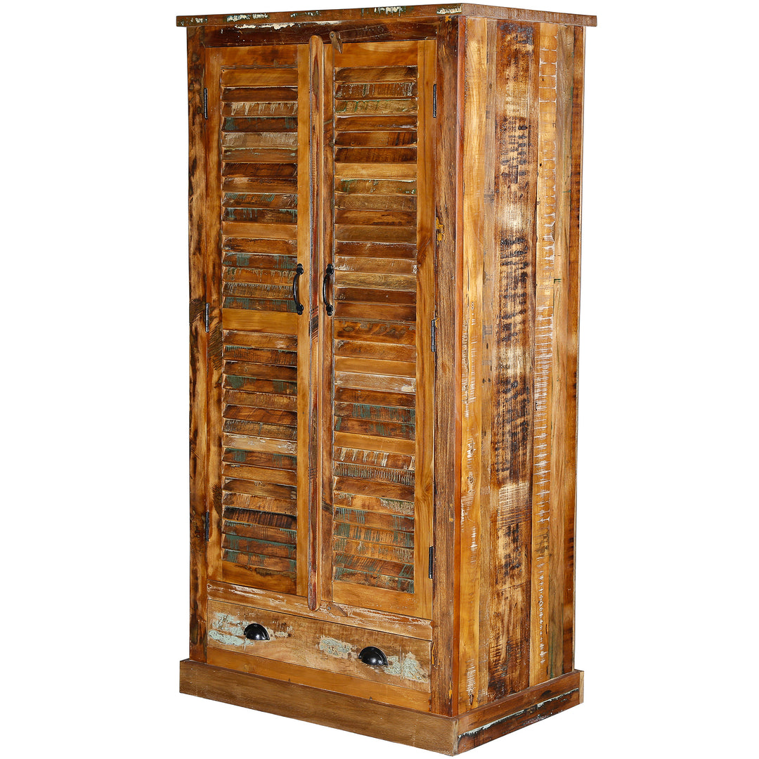 Vintage style solid wood and reclaimed wood cabinet shown freestanding