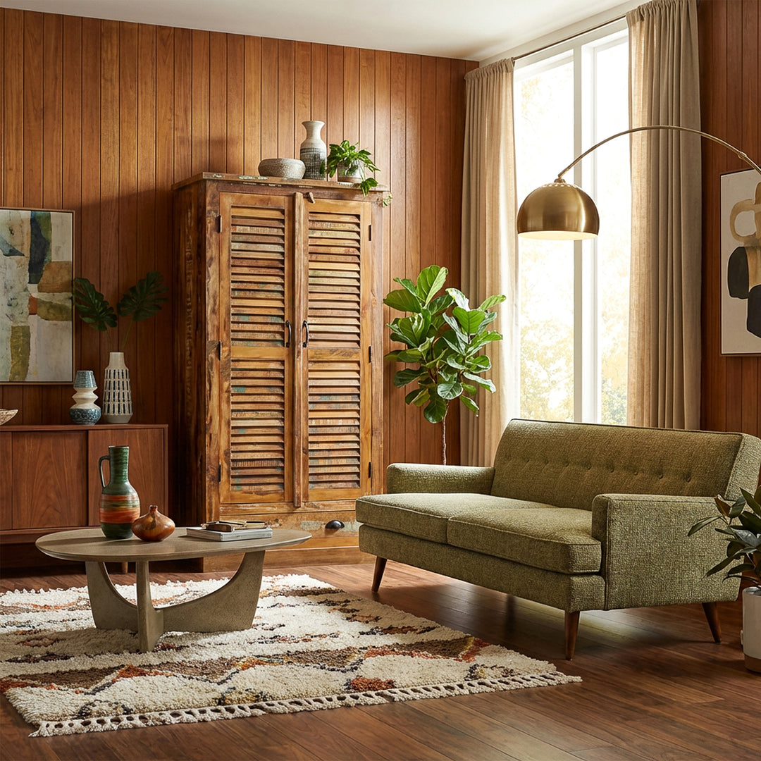 Vintage style solid wood and reclaimed wood cabinet placed in retro living room