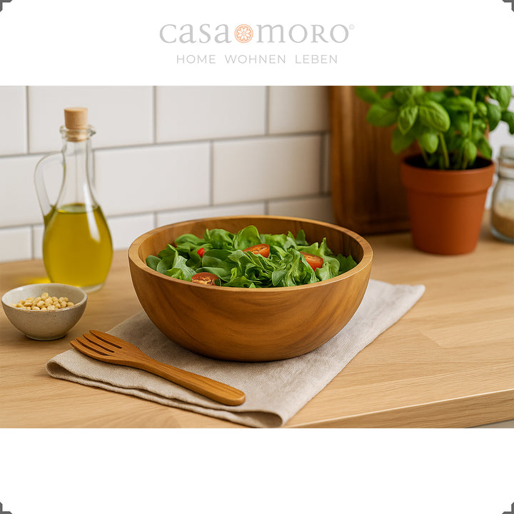 Round serving bowl with salad in a natural kitchen atmosphere
