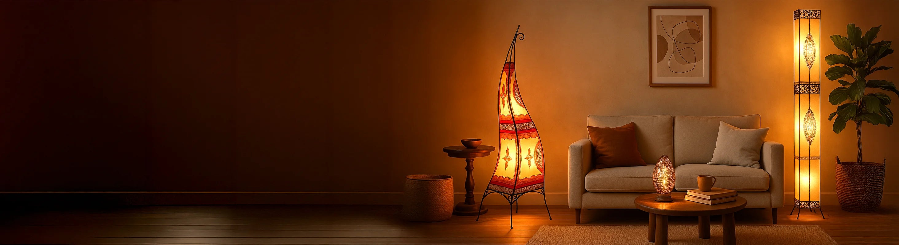 floor lamps – Living room with handmade leather and metal floor lamps - atmospheric lighting next to the sofa and coffee table