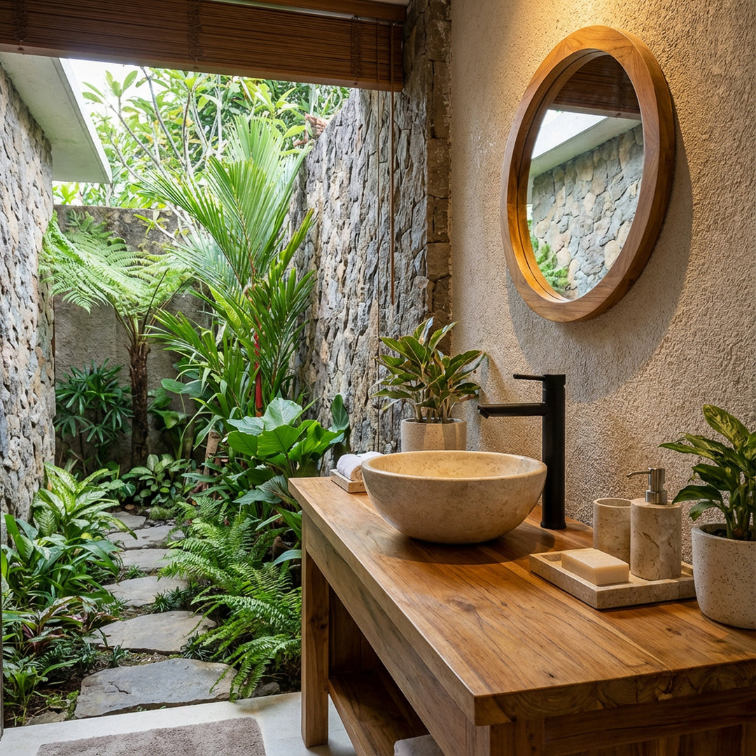 Round Washbasin made of light stone on a wooden washbasin with a black fitting in the open bathroom with a view of the garden