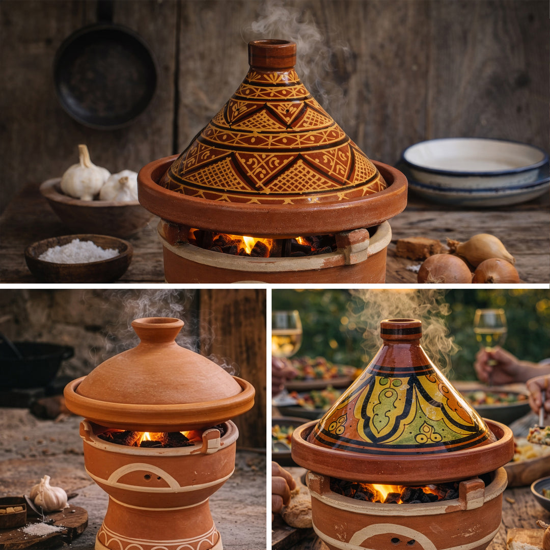 Tajine on mejmar clay warmer for charcoal, Moroccan table grill with Tagine Variants in Morocco style