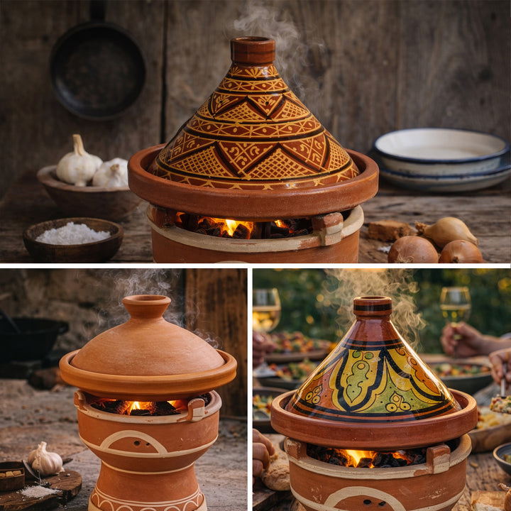 Tajine on mejmar clay warmer for charcoal, Moroccan table grill with Tagine Variants in Morocco style