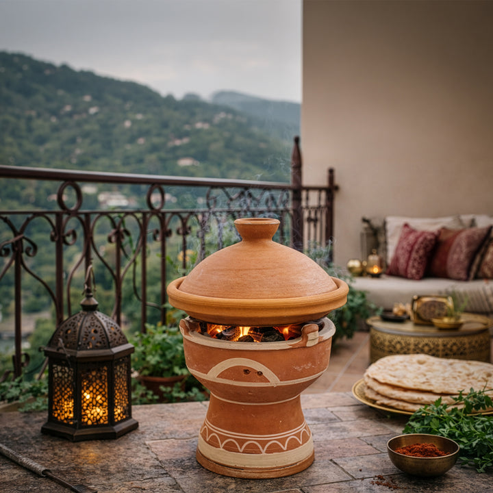 Mejmar clay warmer for charcoal, Moroccan table grill for Tajine on terrace in Morocco style