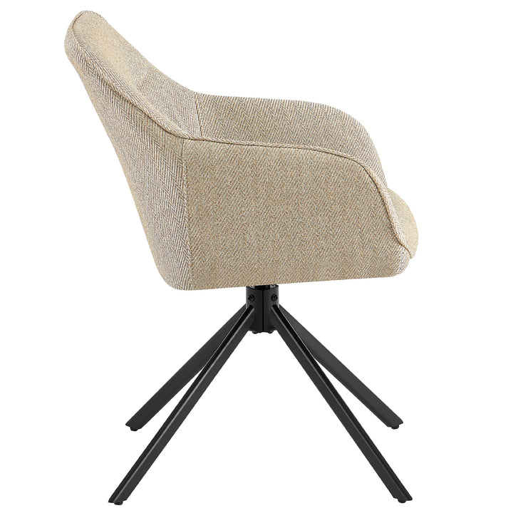 Side view of a 360° rotating upholstered chair with armrests in beige, upholstered structural fabric and a sturdy black metal frame