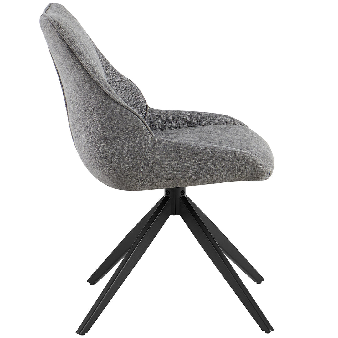 Side view of a 360° rotating dining room chair in gray with an upholstered seat and backrest on a black metal frame in the form of a tripod