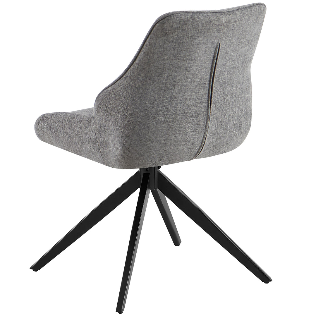 Rear view of a 360° rotating dining room chair in gray with an upholstered backrest and a black metal frame in a modern tripod shape