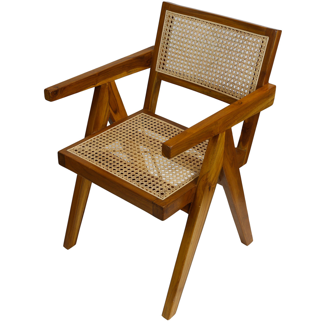 Armchair with Viennese weave in a warm brown tone, made of solid teak with rattan seat and backrest