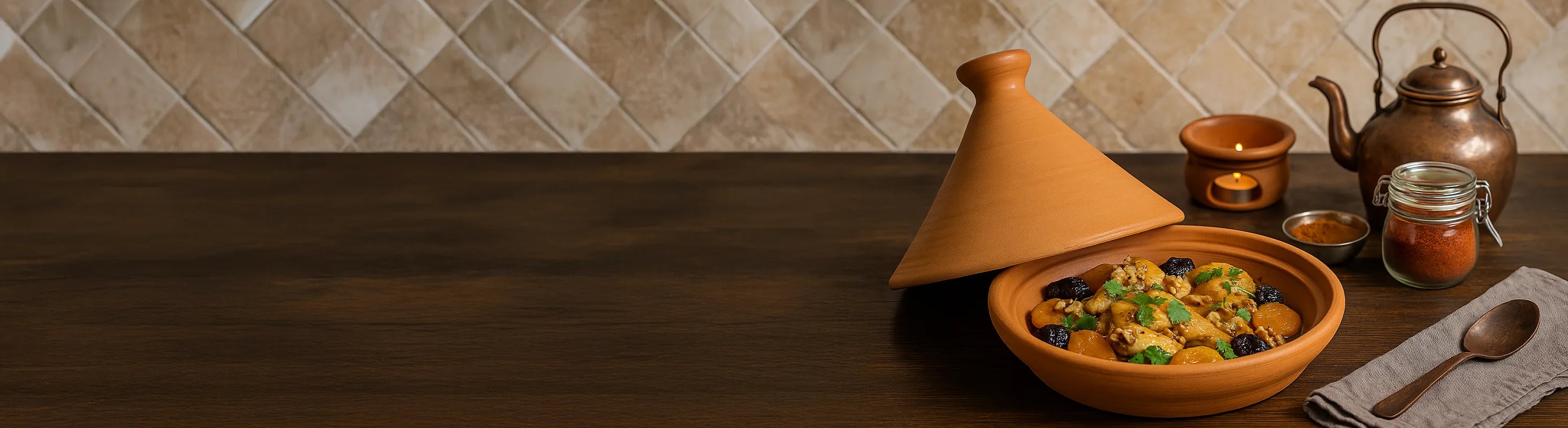 Moroccan Tajine – Tagine filled with braised meat, apricots and dried fruits, decorated with fresh coriander