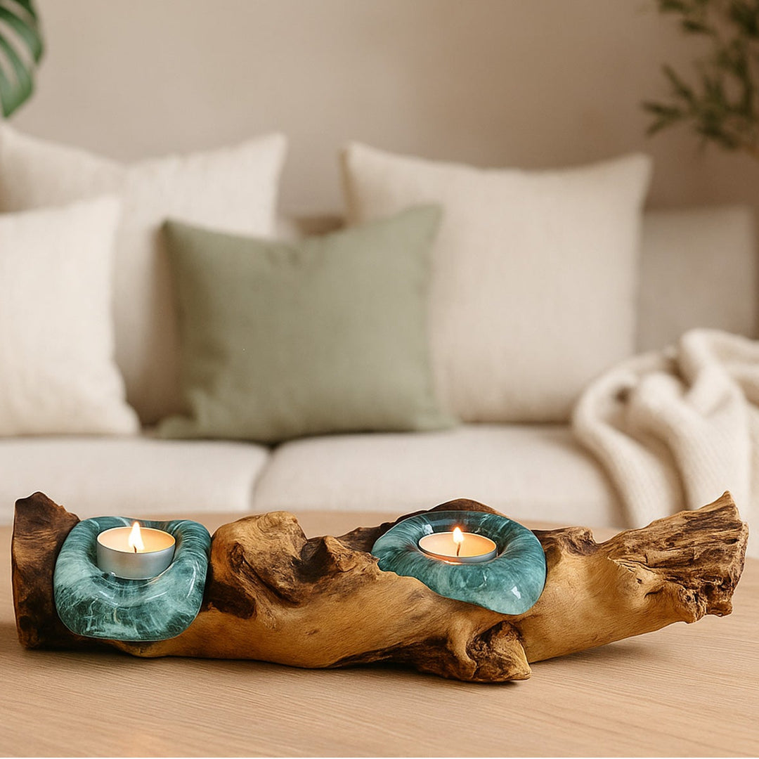 Tealight holder made of burl wood with glass inserts