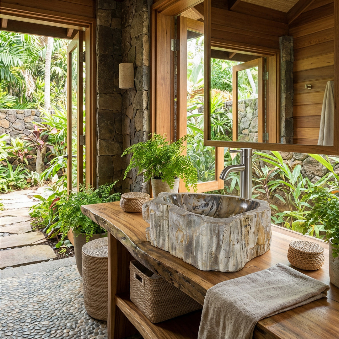 Stone washbasin made of petrified wood as a countertop basin on a solid wood panel, embedded in a natural bathroom with a garden view.