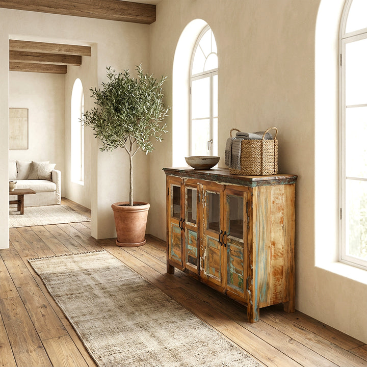 Solid wood sideboard with glass doors in the hallway as vintage-style storage space