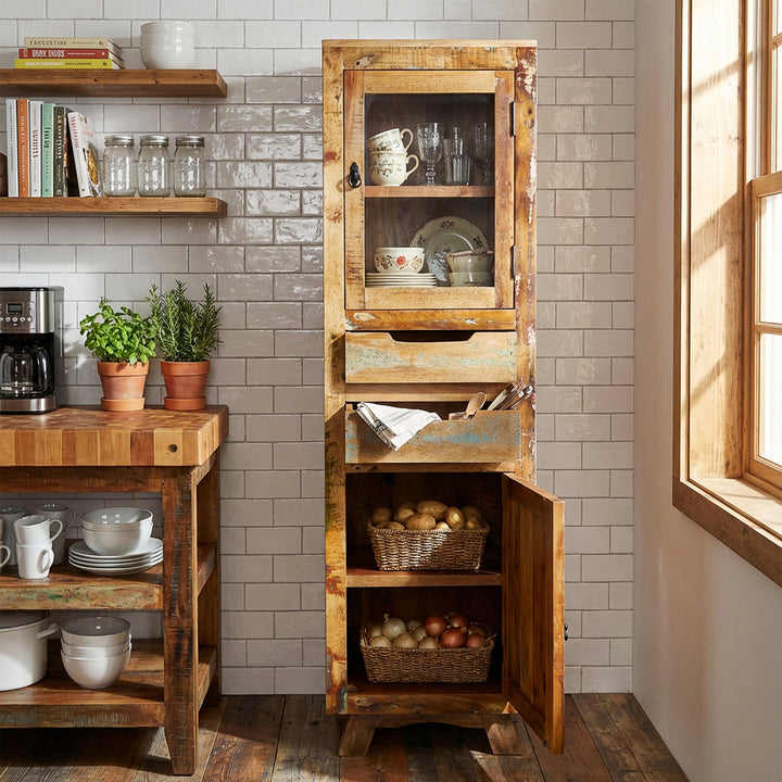 Display cabinet made of solid wood and old wood with drawer and doors in vintage country house style, placed in the kitchen