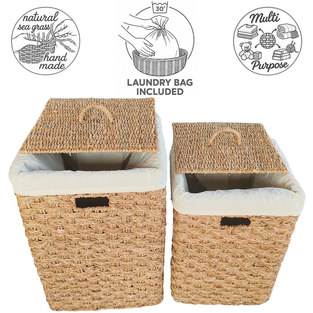 Square seagrass baskets, approx. 55 and 85 liters: Handcrafted, versatile, and machine-washable at 30 °C.