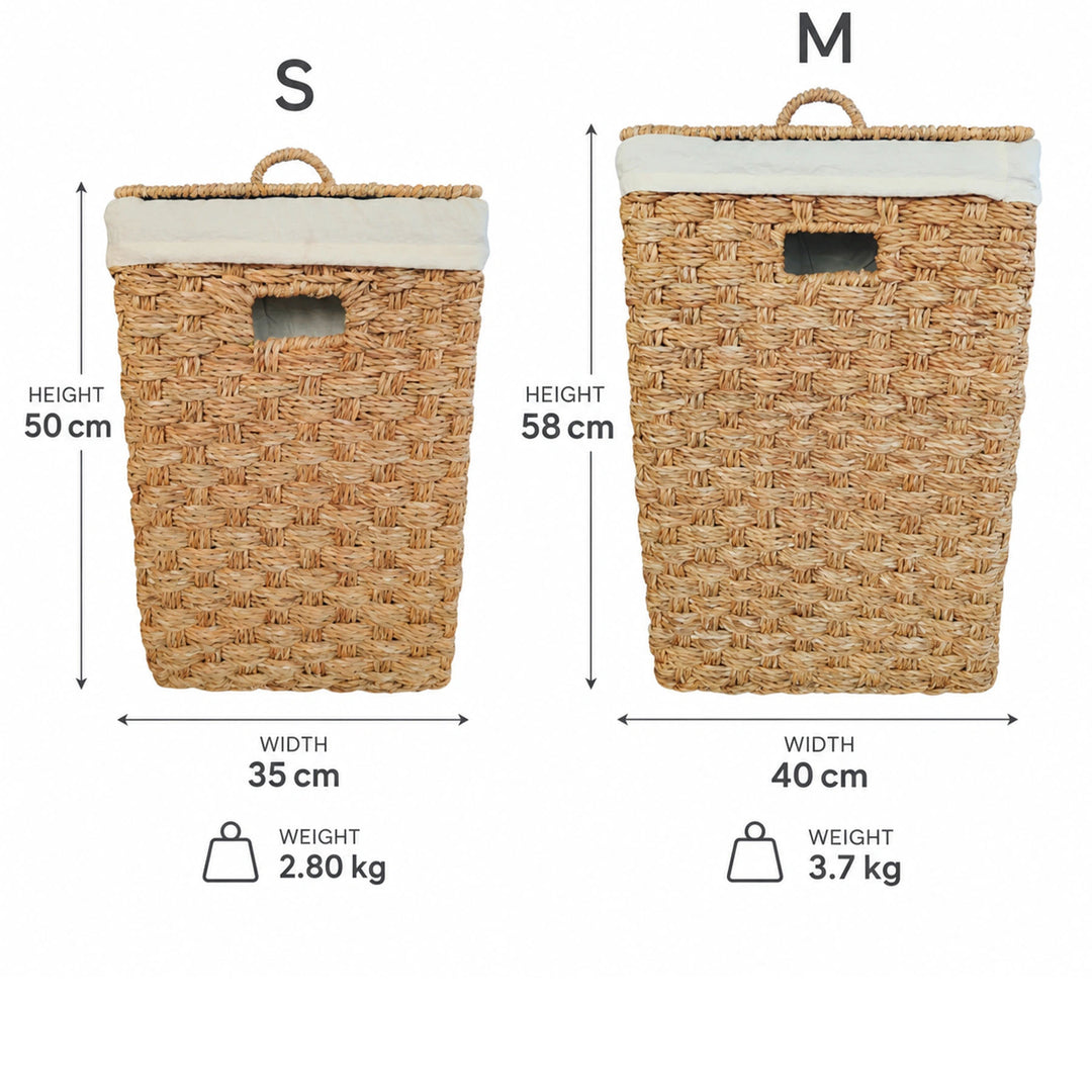 Dimensions of the square seagrass baskets: S 35 × 35 × 50 cm, 2.8 kg, approx. 55 liters; M 40 × 40 × 58 cm, 3.7 kg, approx. 85 liters.