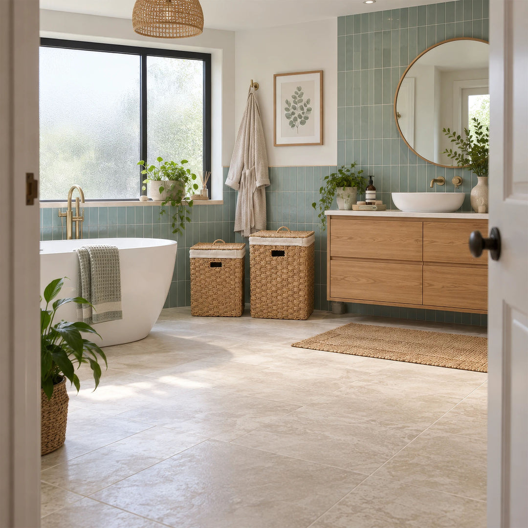 A set of two square seagrass laundry baskets, approximately 55 and 85 liters, with closed lids, next to the sink in the bathroom.