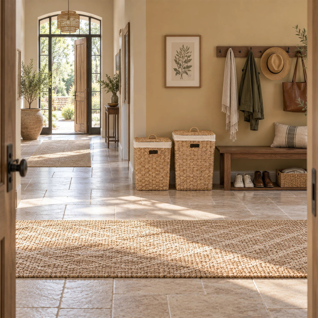 A set of two square seagrass laundry baskets, approximately 55 and 85 liters, with closed lids, next to a bench in the hallway.