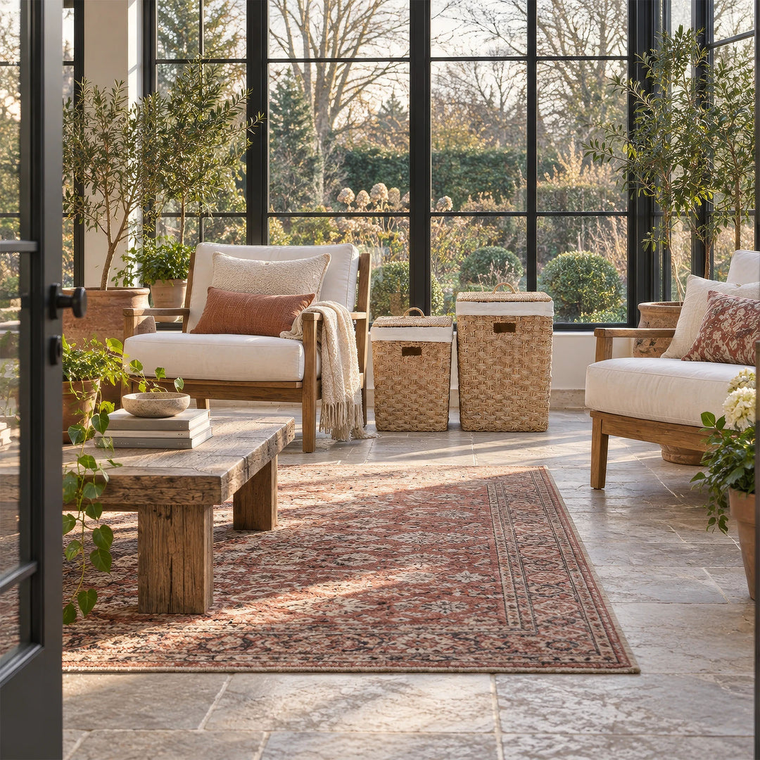 A set of two square seagrass laundry baskets, approximately 55 and 85 liters, with closed lids, placed between armchairs in the sunroom.