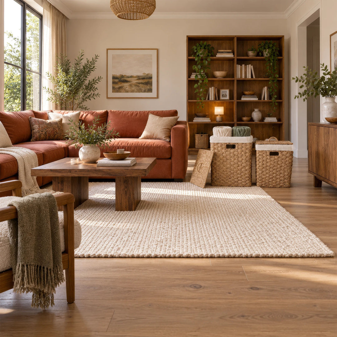 Set of 2 square seagrass baskets, approx. 55 and 85 liters, next to the sofa: large basket with blankets, small basket closed.