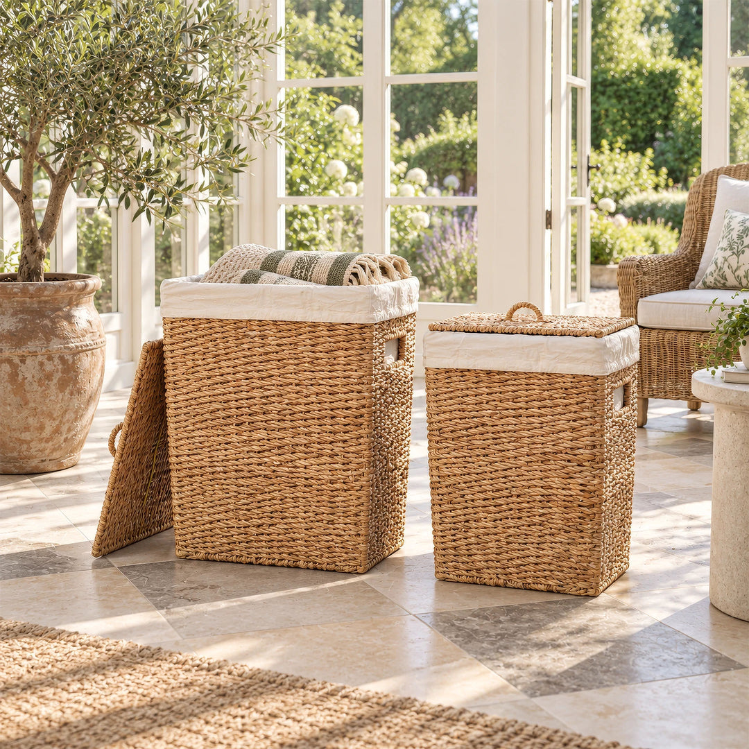 A set of seagrass laundry baskets with capacities of 50 and 90 liters in the sunroom: a large basket with blankets and a small, closed basket.