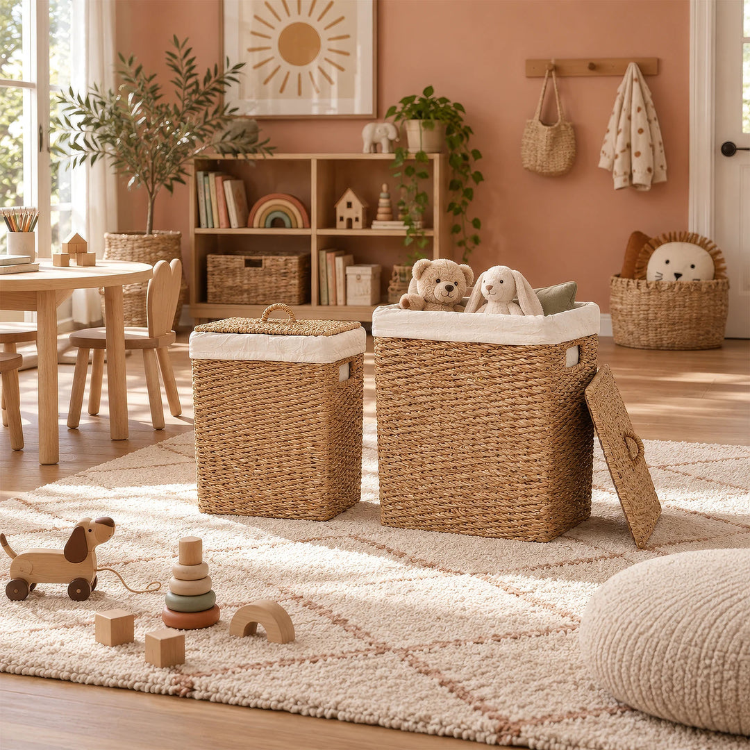 Two seagrass laundry baskets with capacities of 50 and 90 liters in the children's room, and a large basket filled with stuffed animals.