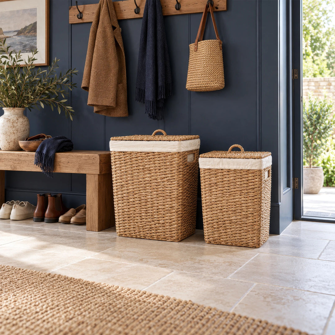 Two seagrass laundry baskets with capacities of 50 and 90 liters and closed lids next to a wooden bench in the hallway.