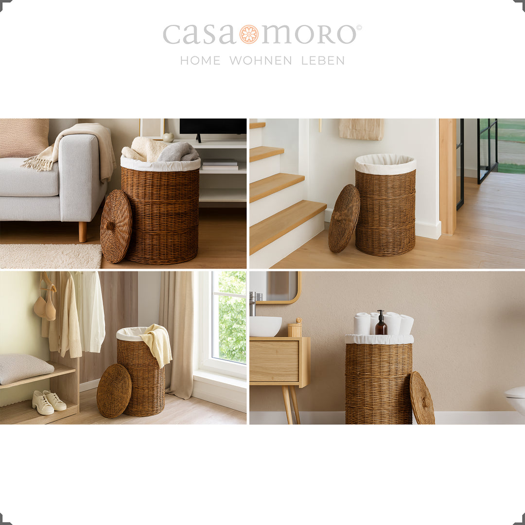 Brown, woven laundry basket made of rattan can be used in five living situations - from the living room to the bathroom