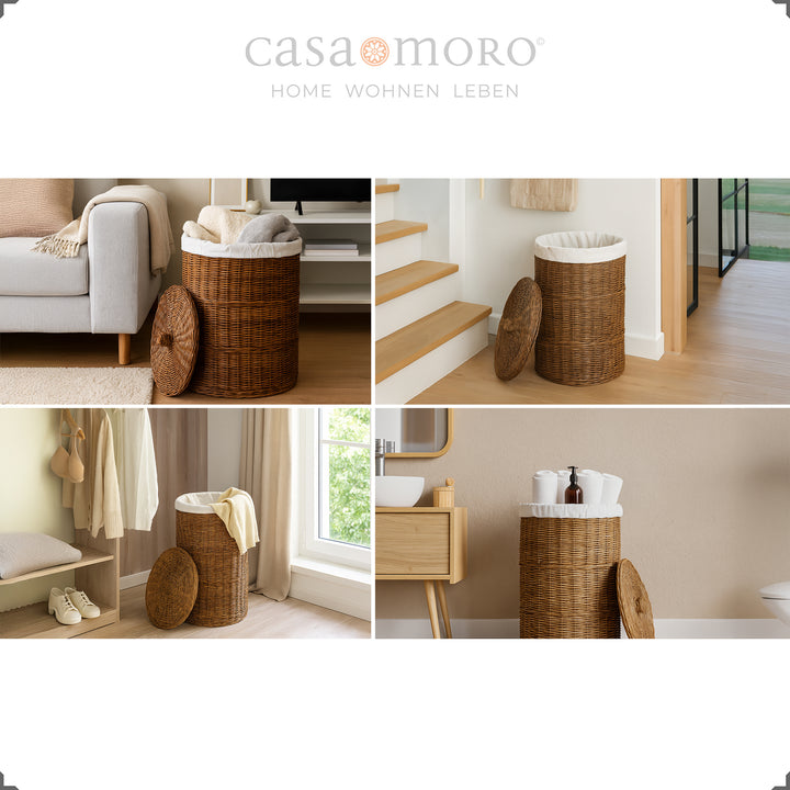 Dark brown, hand-woven laundry basket in various living situations - can be placed anywhere in the home