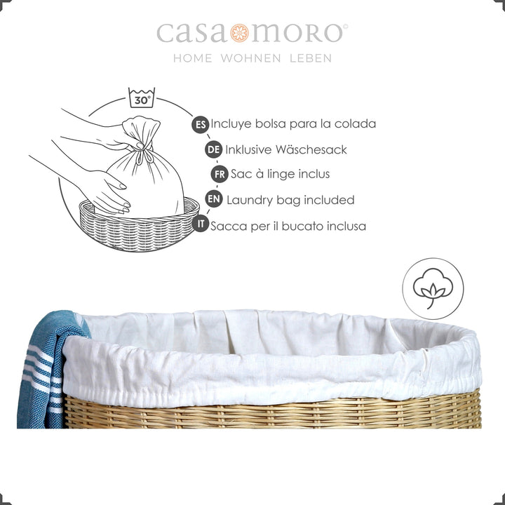 Braided laundry basket with white inner bag and blue hammam towel decoration, including washable laundry bag