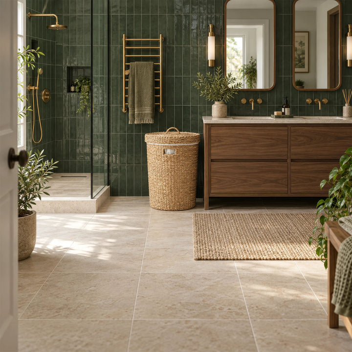 A seagrass laundry basket with a lid and a 75-liter capacity next to a wooden sink in a bathroom with green tiles.