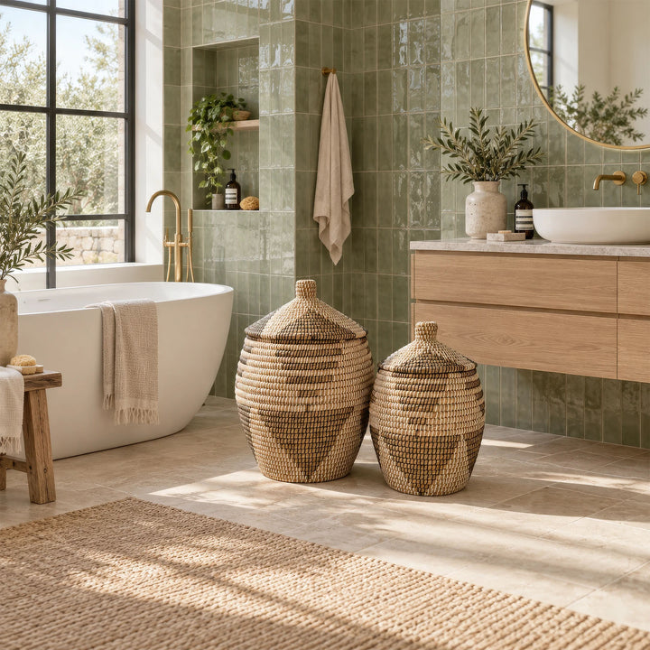 Seegras-Wäschekörbe in Natur/Braun/Schwarz/Weiß mit ca. 30 und 60 Litern Volumen neben der Badewanne.