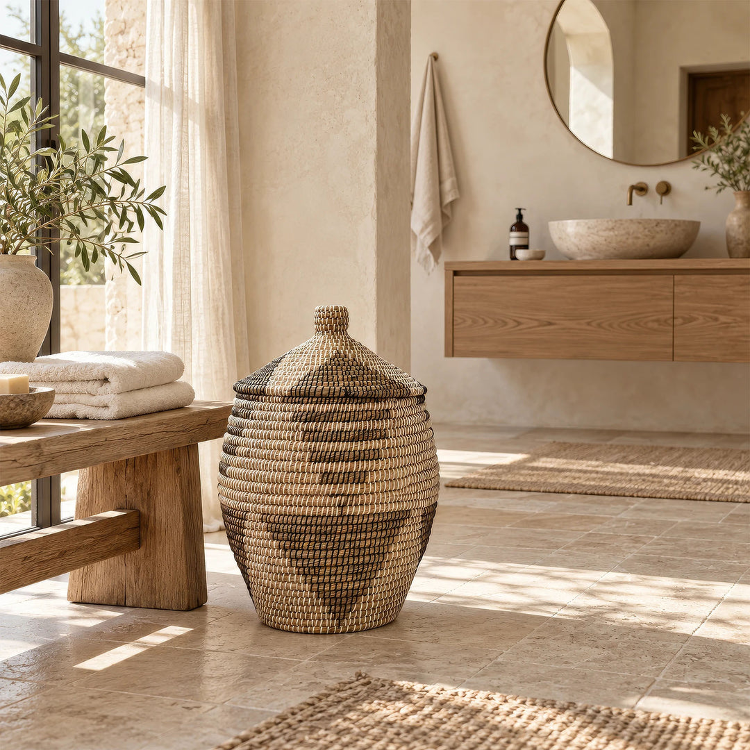 Seegras-Wäschekorb in Natur/Braun/Schwarz/Weiß mit ca. 60 Litern Volumen neben einer Holzbank mit Handtüchern im Bad.
