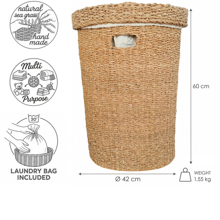 Seagrass laundry basket with lid, 75-liter capacity, 42 cm in diameter, 60 cm tall, and featuring a removable laundry bag.