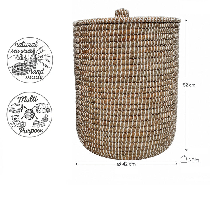 Seagrass laundry basket in natural/white: Ø 42 cm, 52 cm high, approx. 65 liters capacity, and 3.7 kg weight.