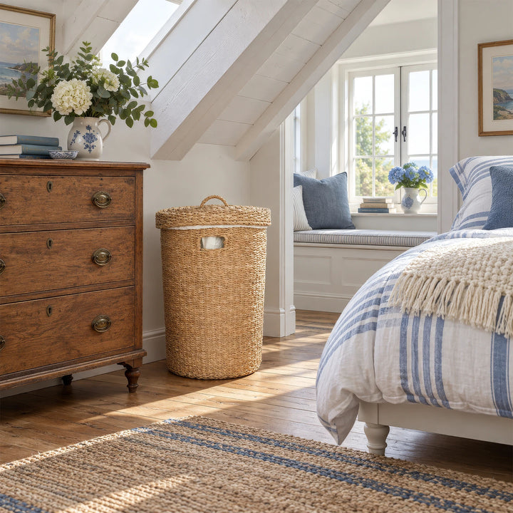 A seagrass laundry basket with a lid and a 75-liter capacity next to a wooden dresser in a bright bedroom.