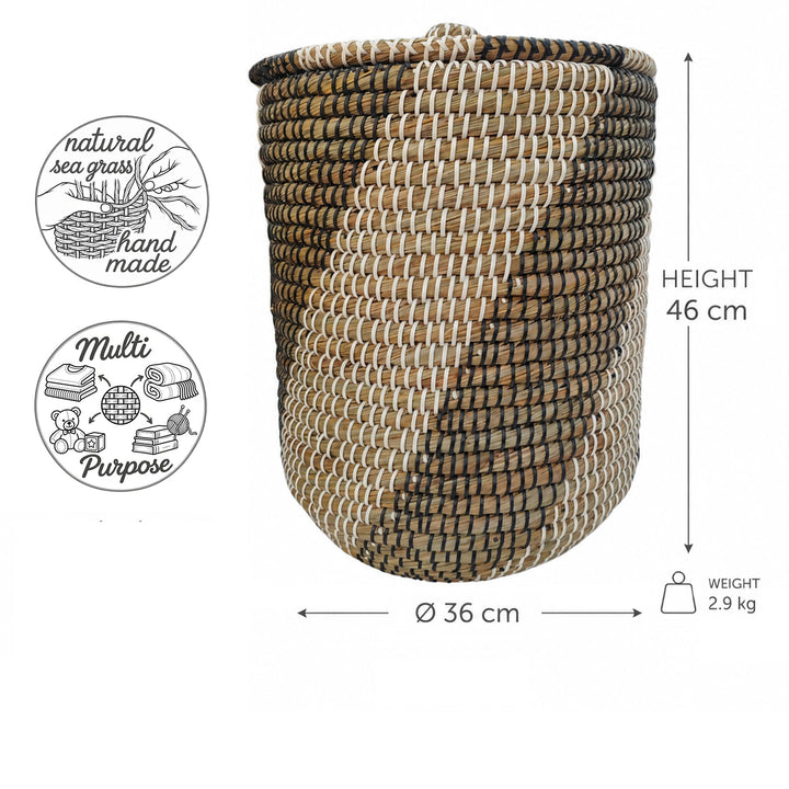 Seagrass laundry basket in natural/black/white: Ø 36 cm, 46 cm high, approx. 40 liters capacity, and 2.9 kg weight.