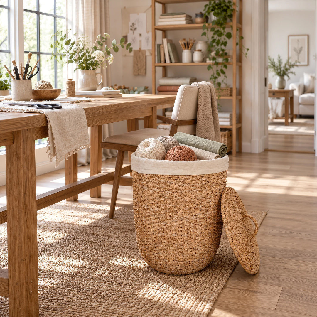 An open laundry basket made of seagrass with a light-colored fabric insert, wool, and rolls of fabric, as well as a lid resting against it, in the sewing room.