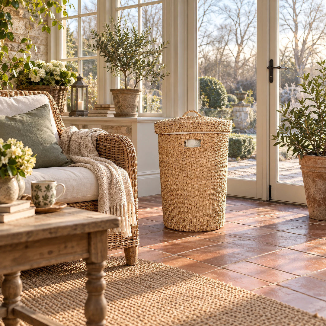A seagrass laundry basket with a lid and a 75-liter capacity next to a wicker armchair in the sunny sunroom.