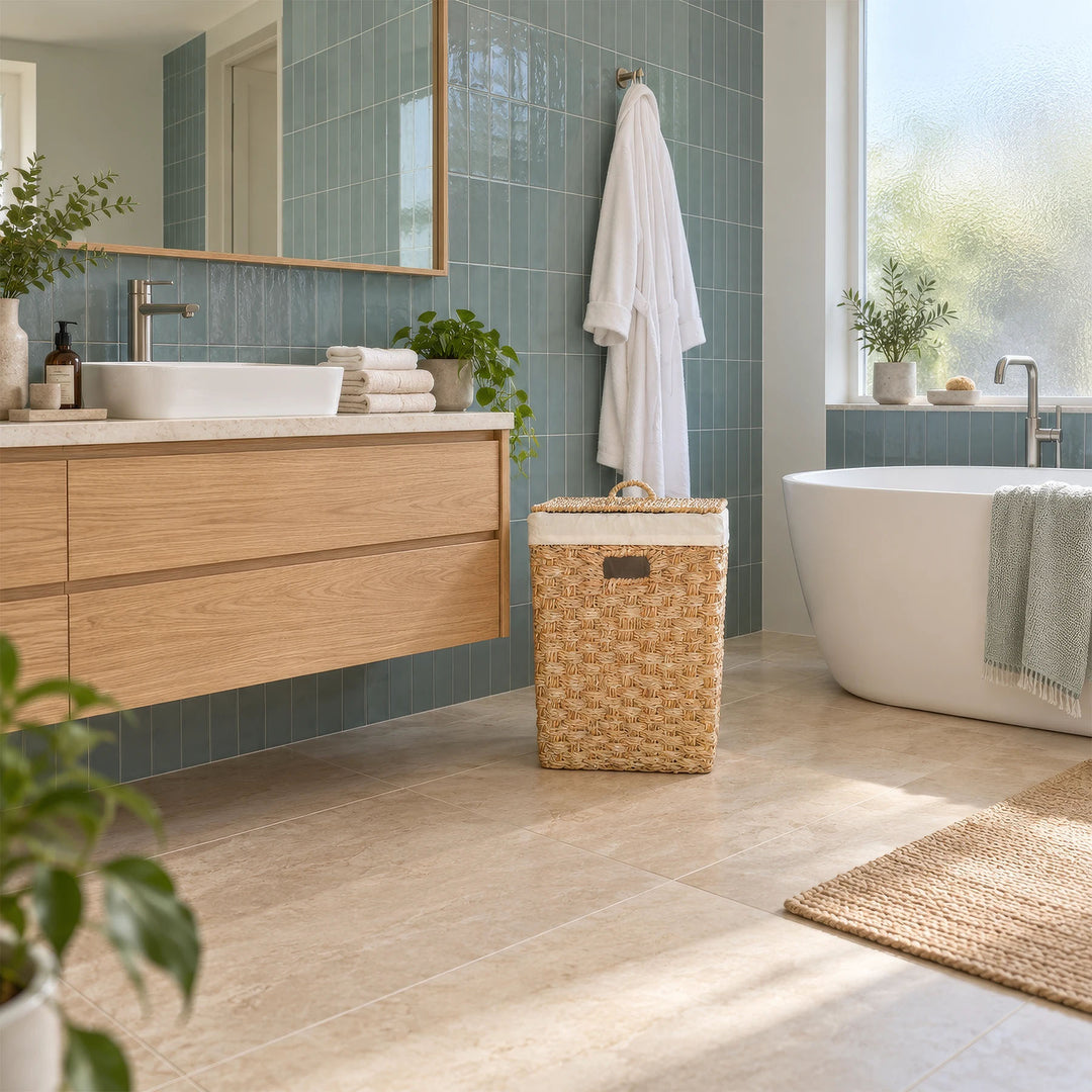 A square seagrass laundry basket with a lid and a capacity of about 55 liters, placed next to the sink in the bathroom.
