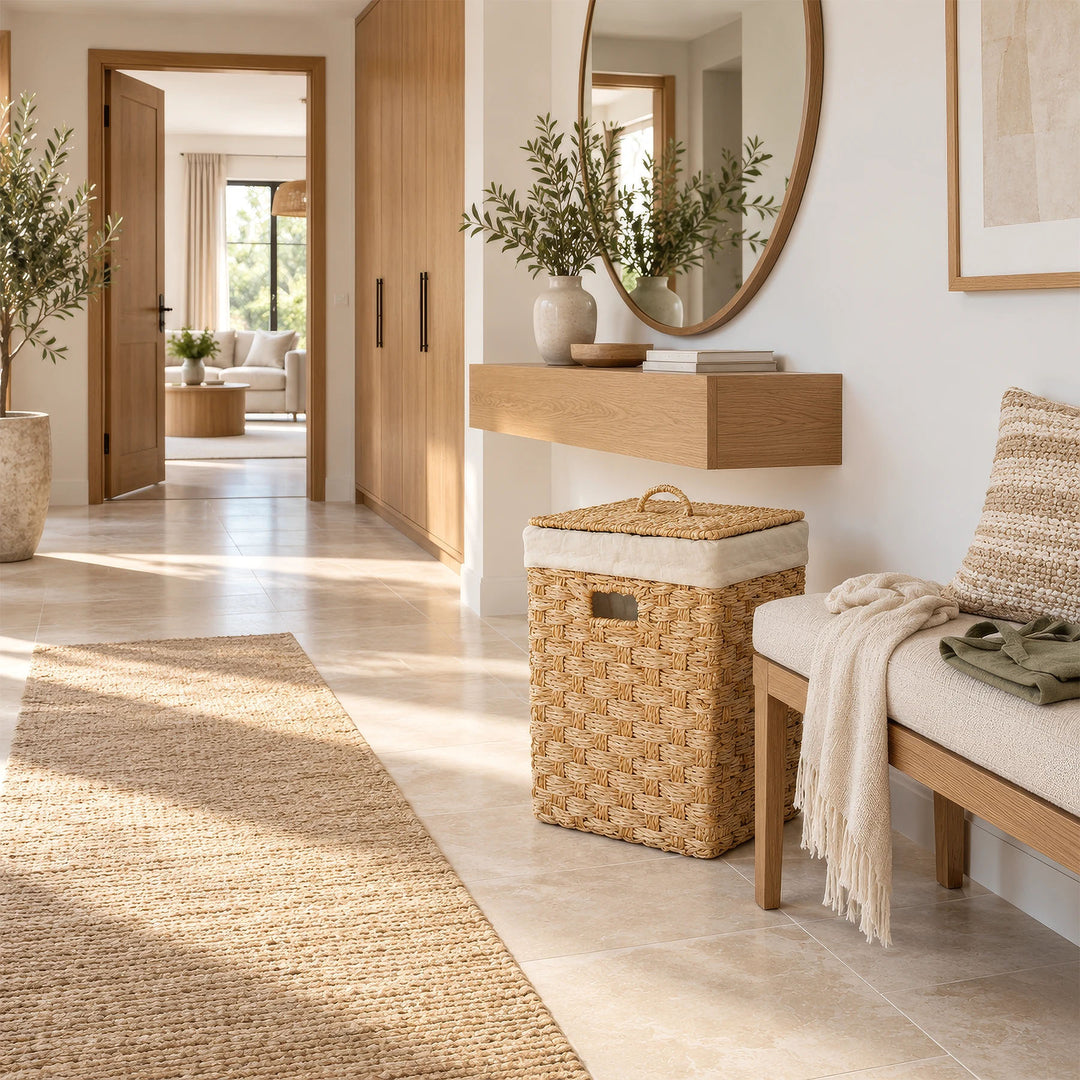A square laundry basket made of seagrass, approx. 55 liters, with a closed lid, next to a bench in the hallway.