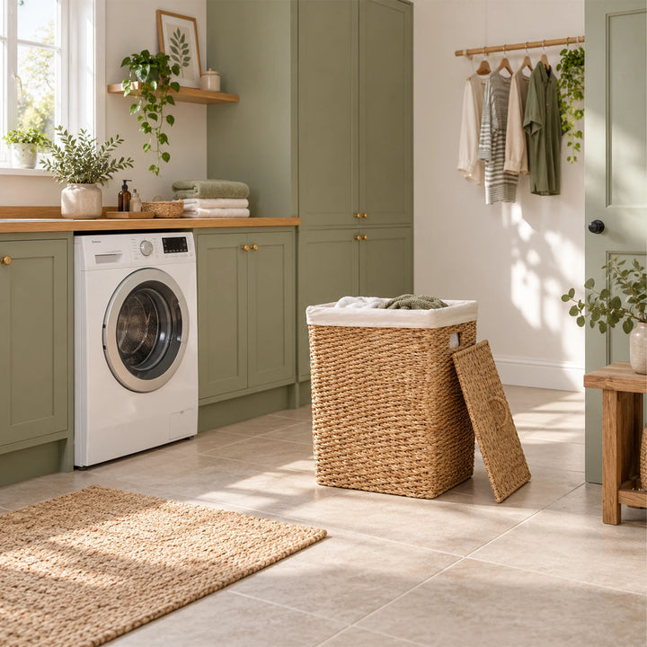 A rectangular laundry basket made of seagrass with a 50-liter capacity and a hinged lid in a bright laundry room.
