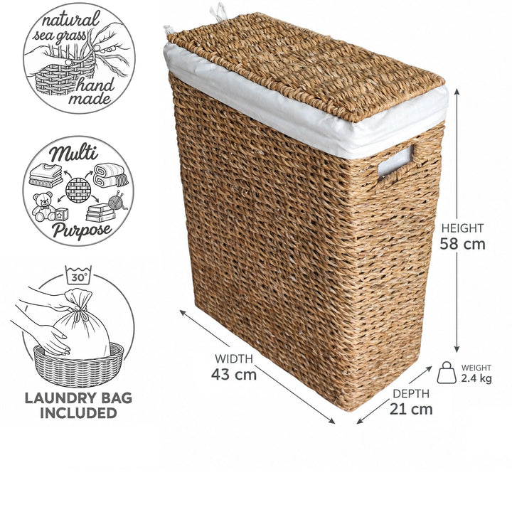 Narrow seagrass laundry basket with a 45-liter capacity: 43×21×58 cm (W×D×H), 2.4 kg, with lid and laundry bag.